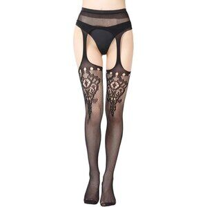 Women's Black Fishnet Tights with Lace Detail and Suspender Style Elegant
